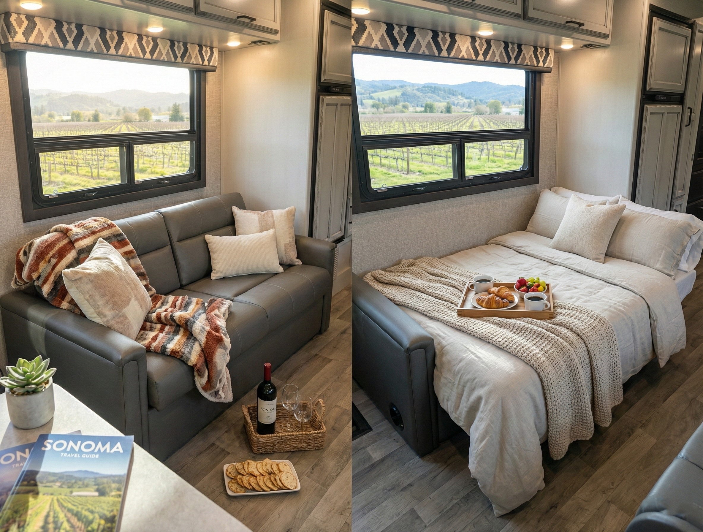 Experience flexible living in this rv rental. A cozy sofa converts to a comfy bed, enjoying picturesque vineyard views.. Jayco Greyhawk 2022