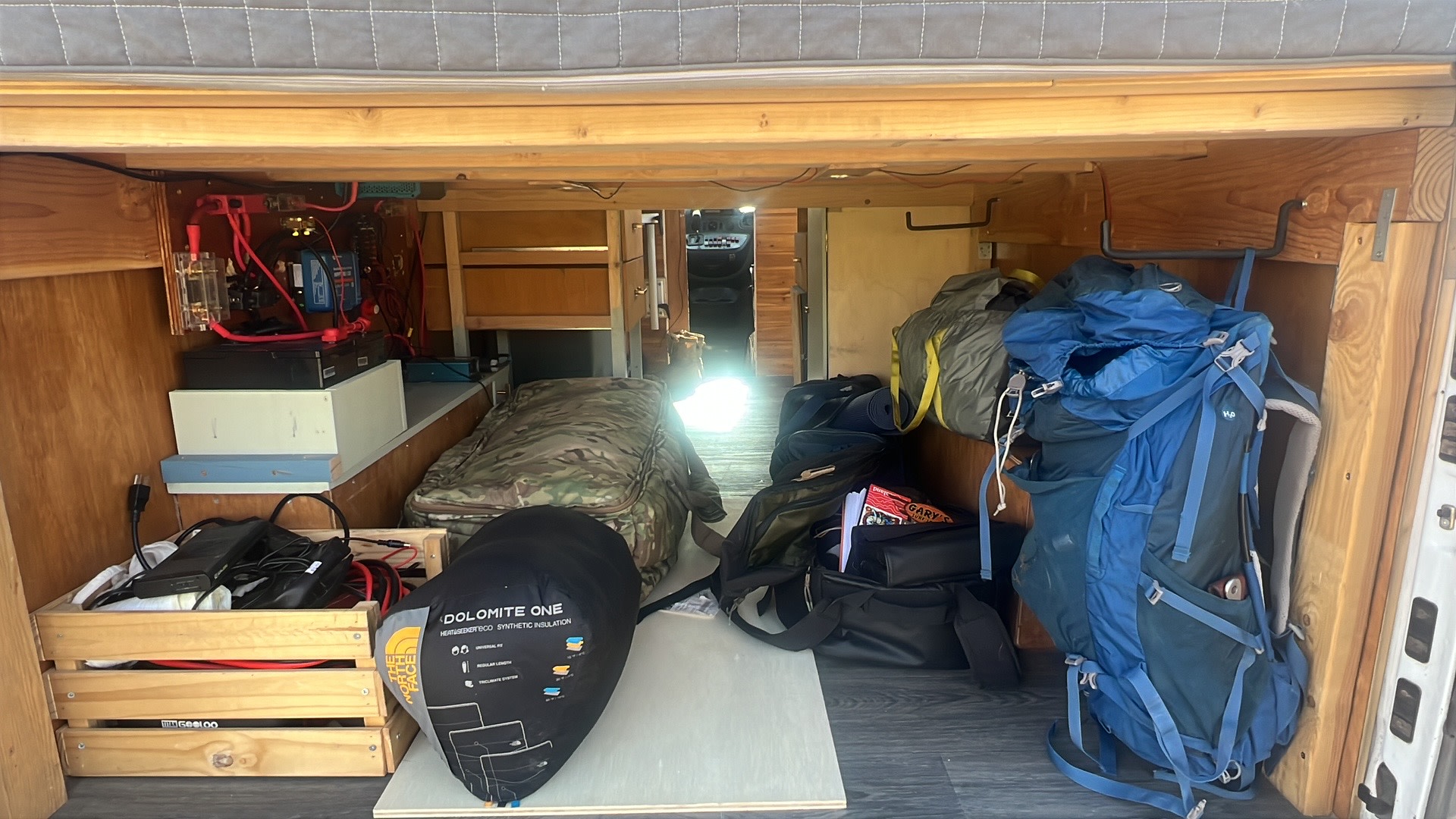 RV rental under-bed storage: visible electrical system, camping gear, and backpacks for adventure.. Freightliner Sprinter 2006