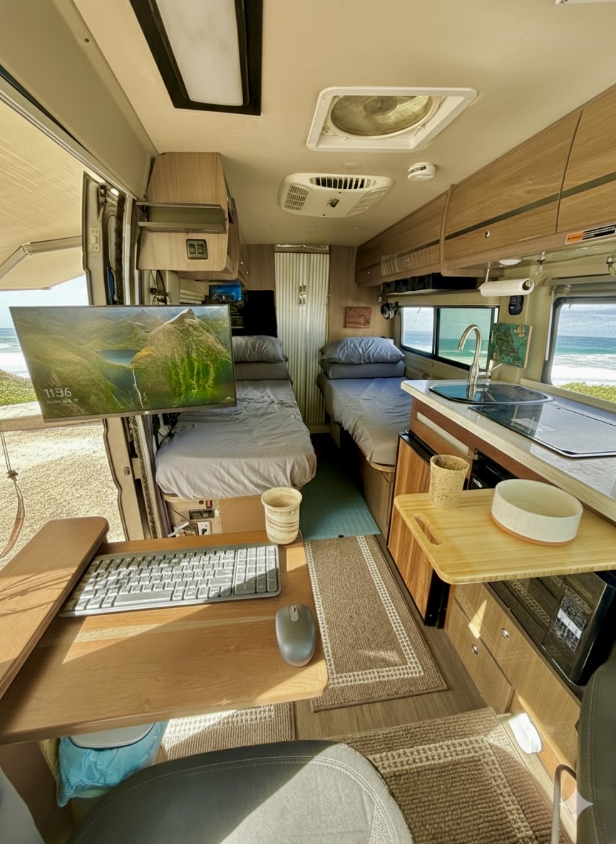 This inviting RV rental features a workstation, cozy beds, a kitchen, and a stunning ocean view, perfect for remote work.. Winnebago Travato 2017