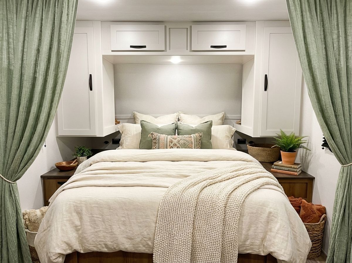 Cozy RV rental bedroom with sage green curtains, cream linen bedding, built-in cabinets, and earthy decor. An inviting, compact space.. Keystone RV Passport Classic 2025