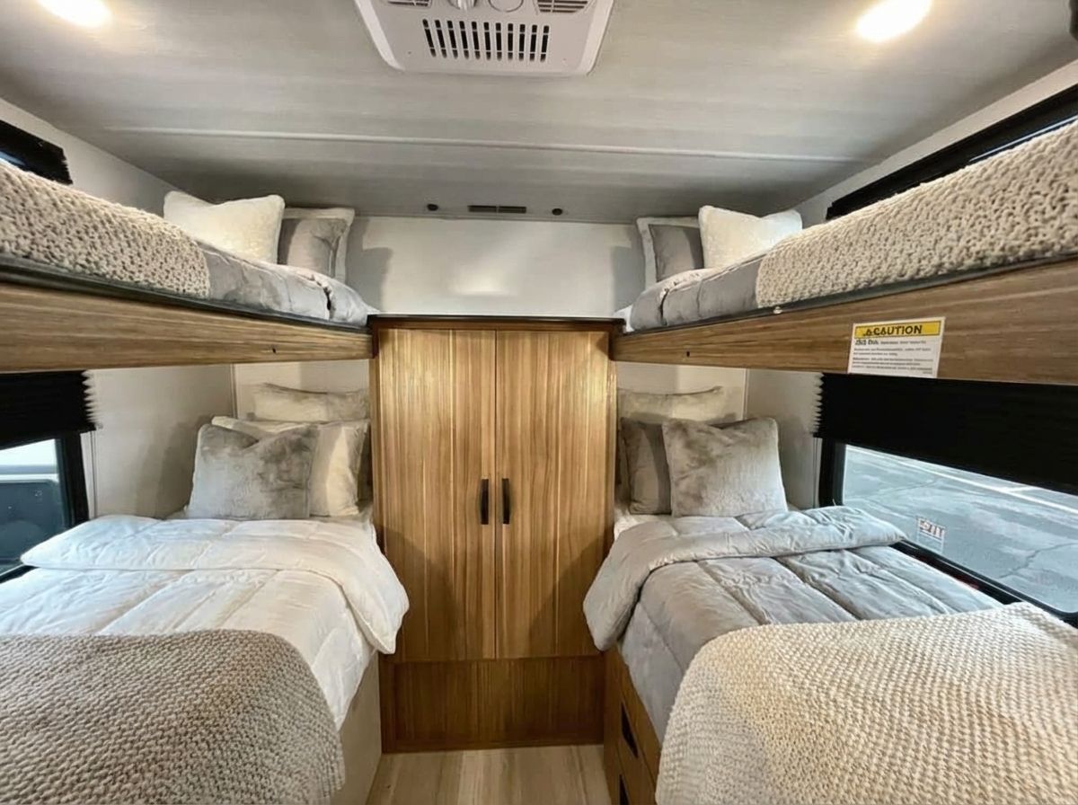 Cozy rv rental bunk room with four beds, plush bedding, and a central cabinet, perfect for family adventures.. Keystone RV Passport Classic 2025