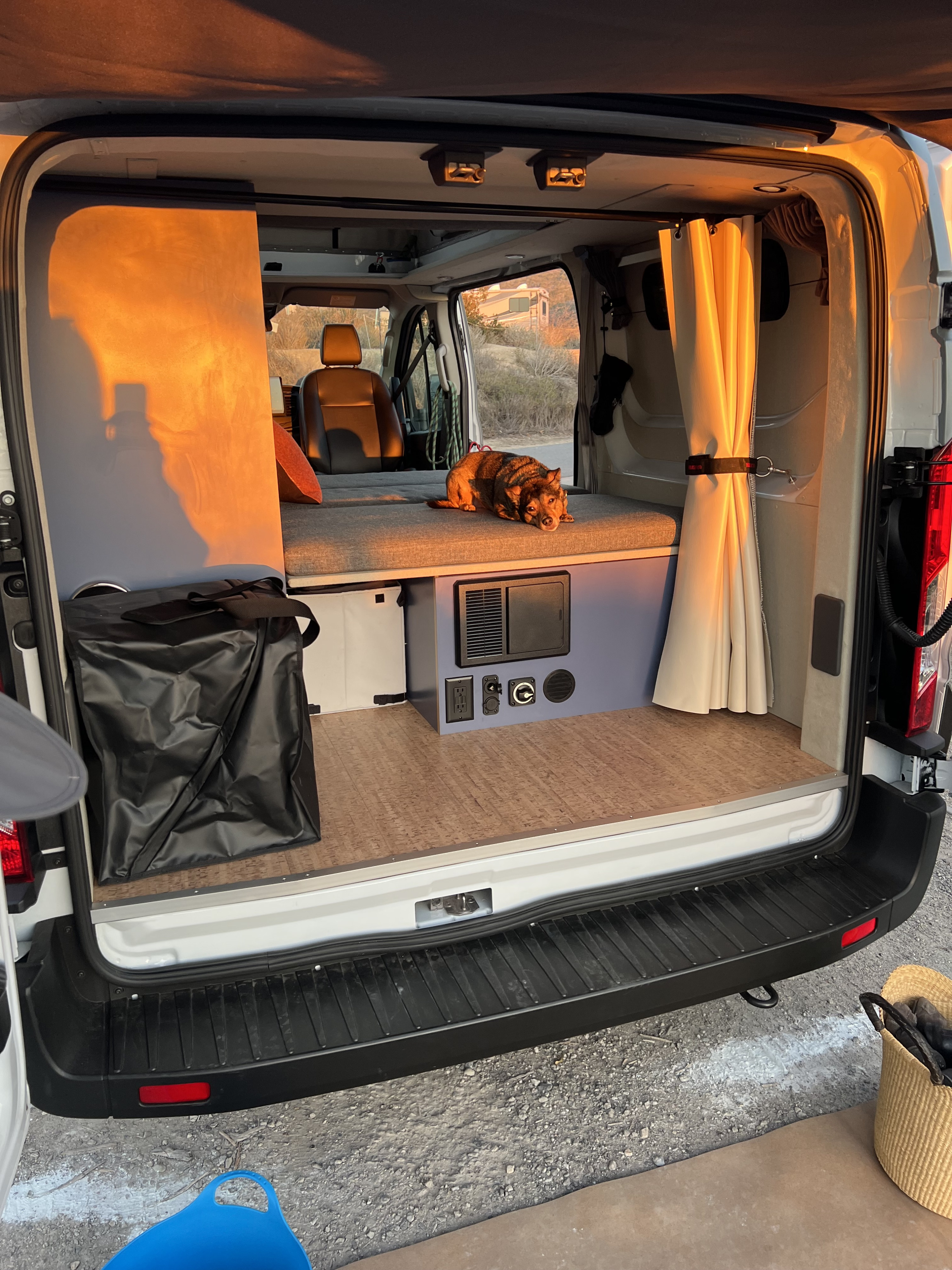 Cozy RV rental interior from the rear: a dog relaxes on the bed, with custom storage, power outlets, and warm lighting.. Ford Transit 2022