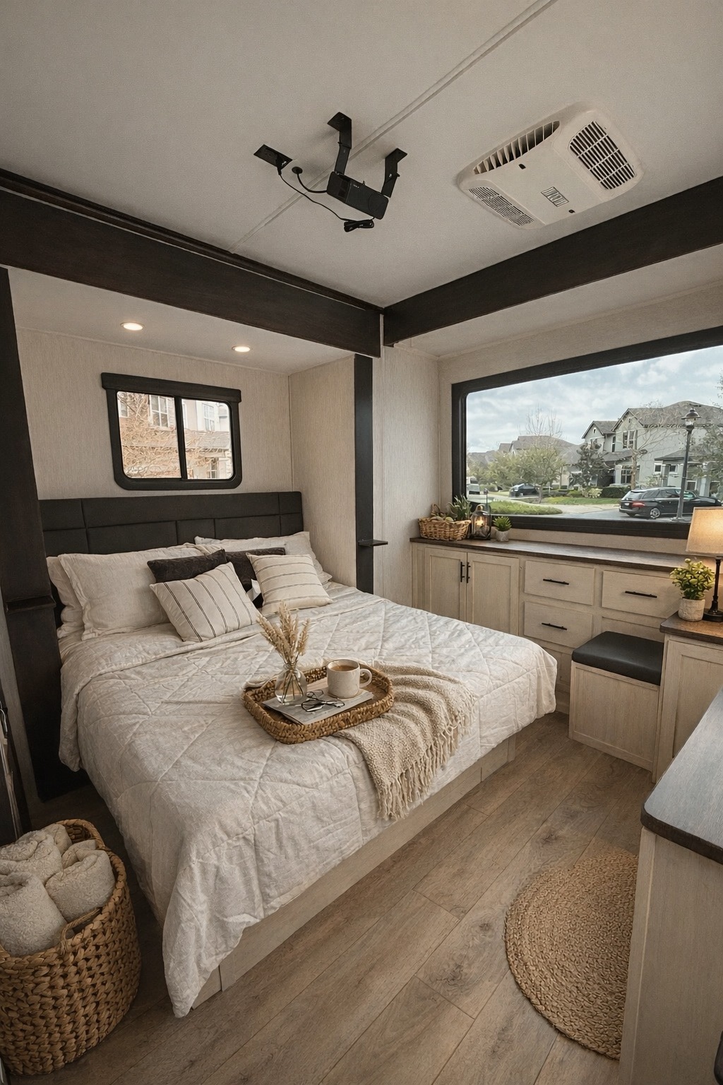 Experience comfort in this RV rental bedroom: queen bed, neutral decor, and a window overlooking a quiet neighborhood.. Forest River Vengeance 2026