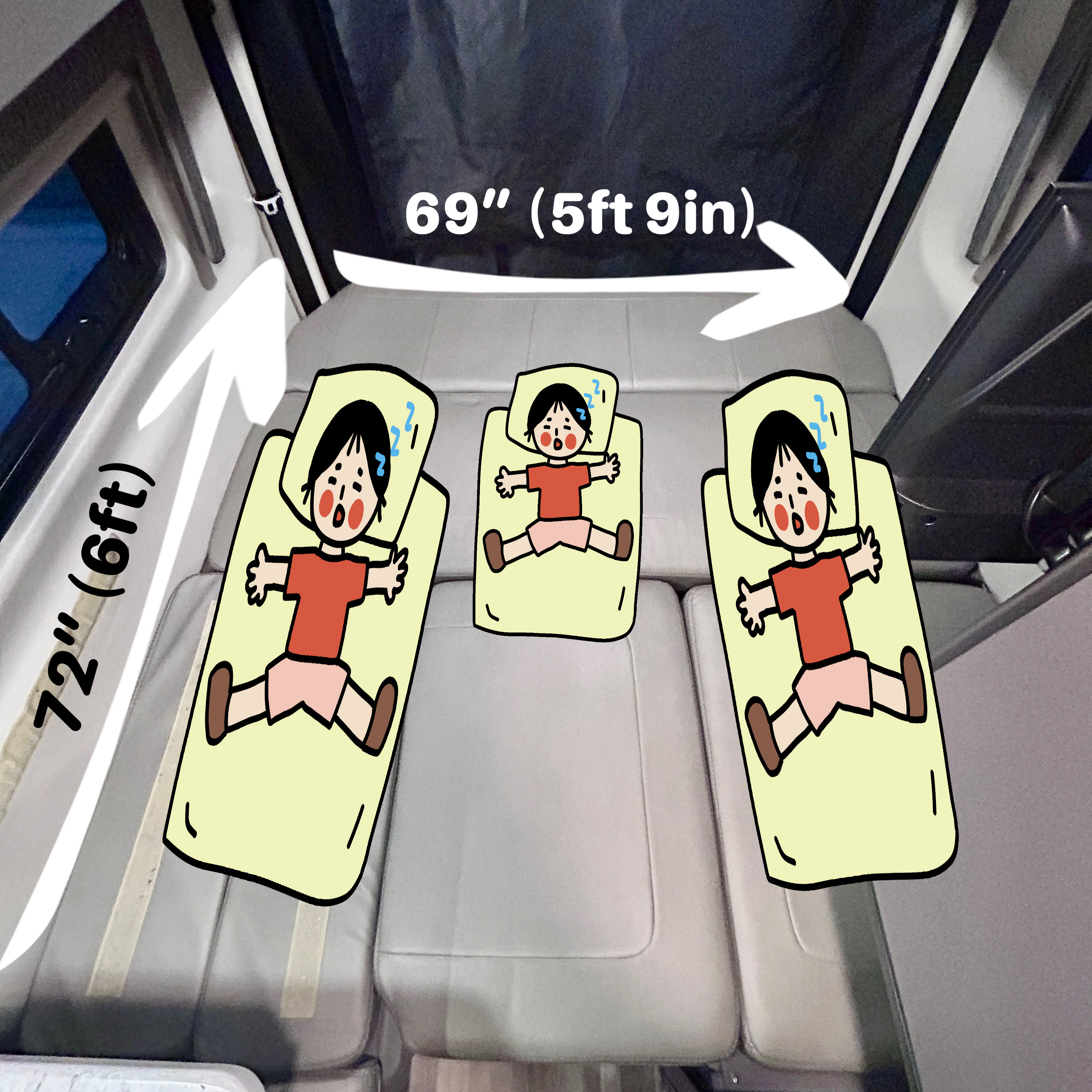 Spacious RV rental sleeping area: A 72"x69" bed (6ft x 5ft 9in) comfortably fits three cartoon people.. Thor Synergy 2022