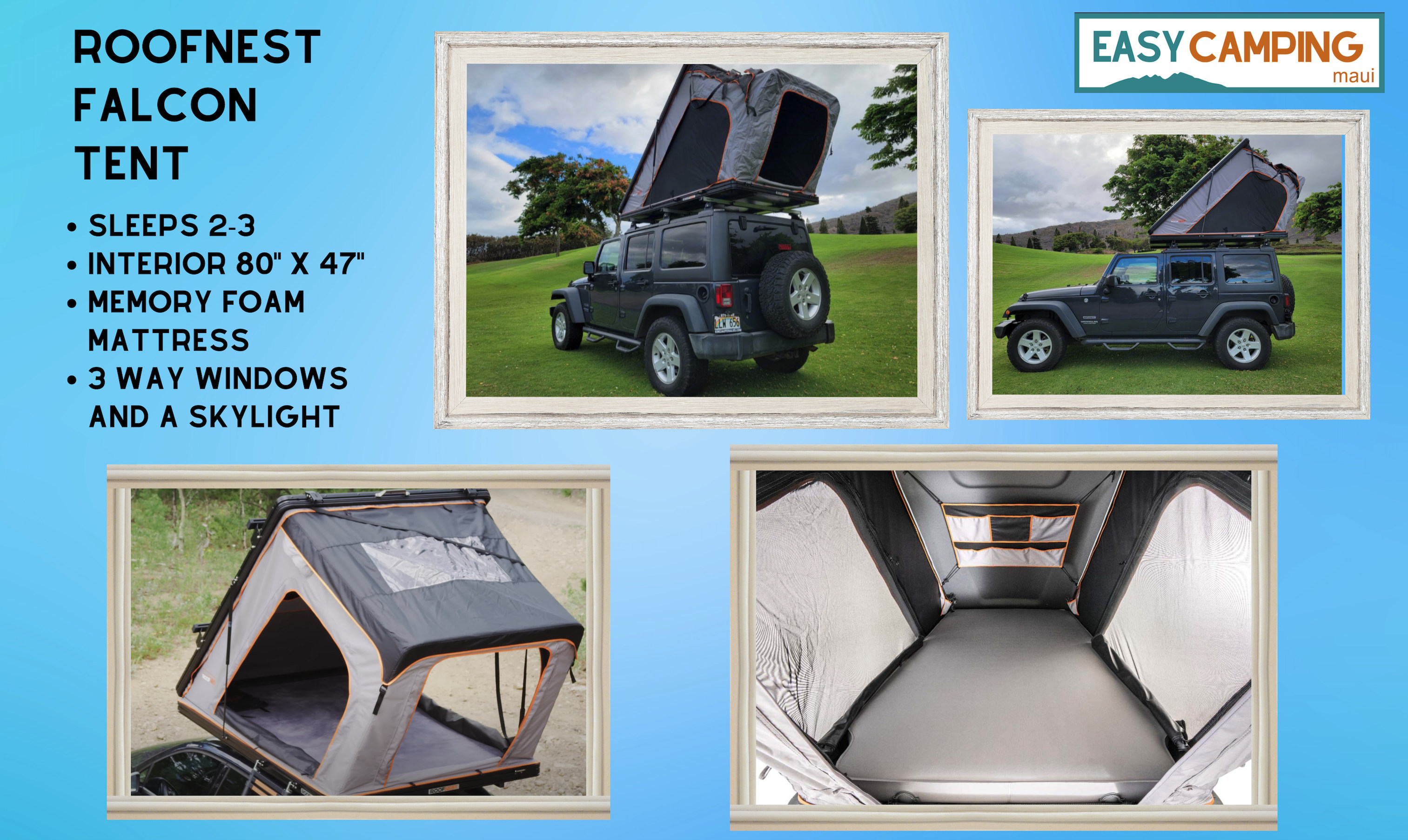 Roofnest Falcon rooftop tent on a Jeep Wrangler for RV rental by Easy Camping Maui. Interior shots show the comfy memory foam mattress.. Jeep Wrangler 2023
