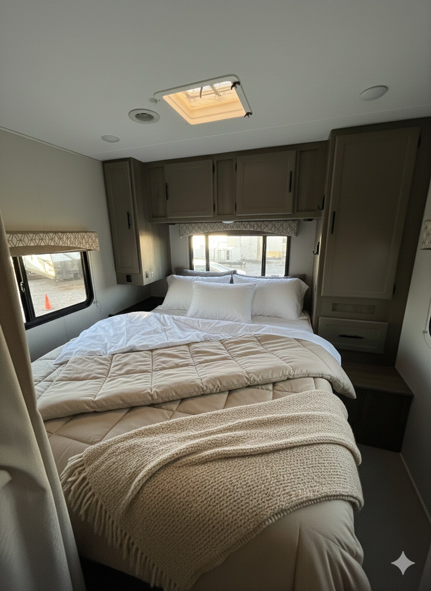 Cozy RV rental bedroom with a comfortable bed, ample overhead storage, and a bright skylight for natural light.. Coach House FREELA 2020