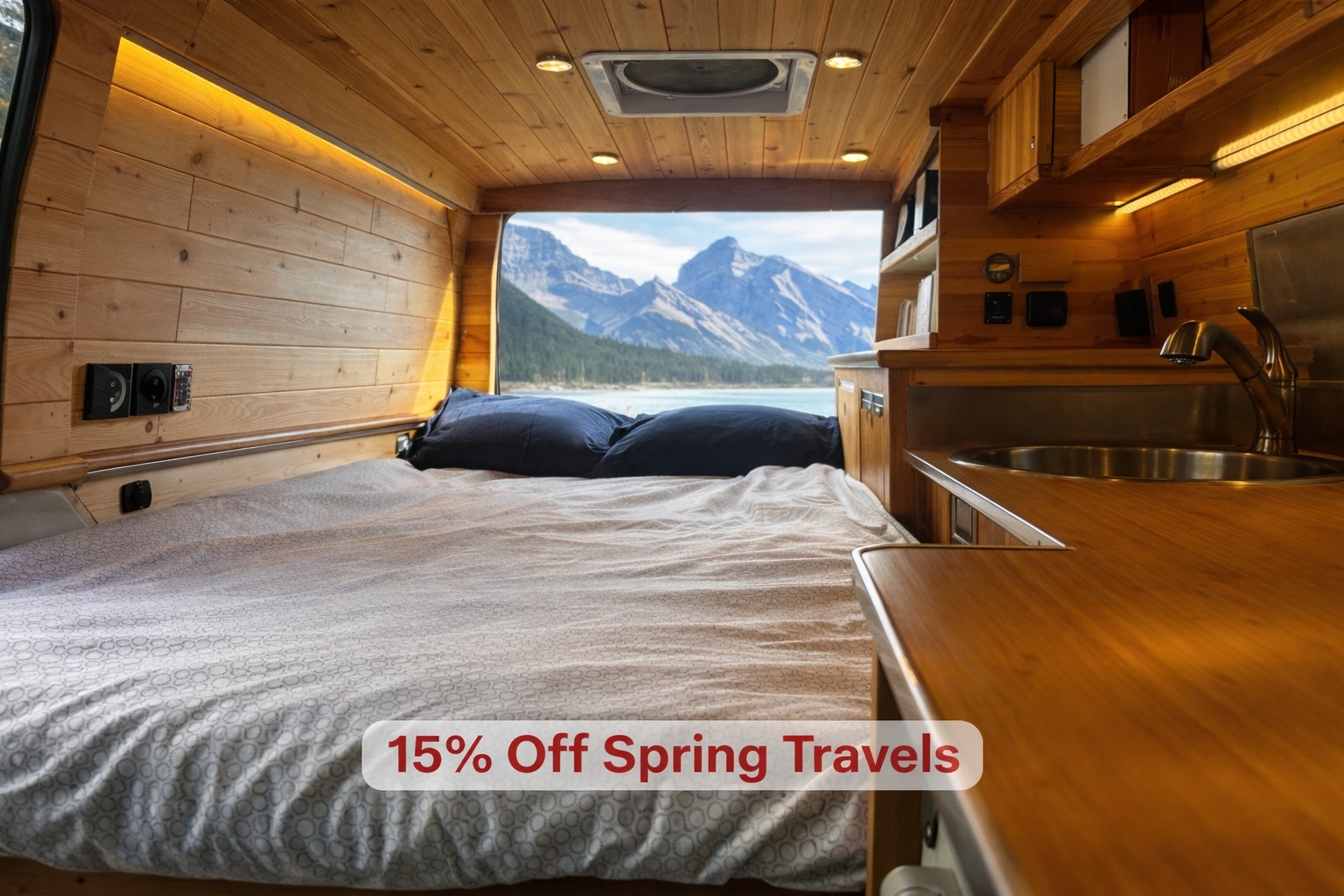 Cozy RV rental interior: wood-paneled bed and kitchen, with majestic mountain views. 15% off spring travels!. Ford Econoline 2009