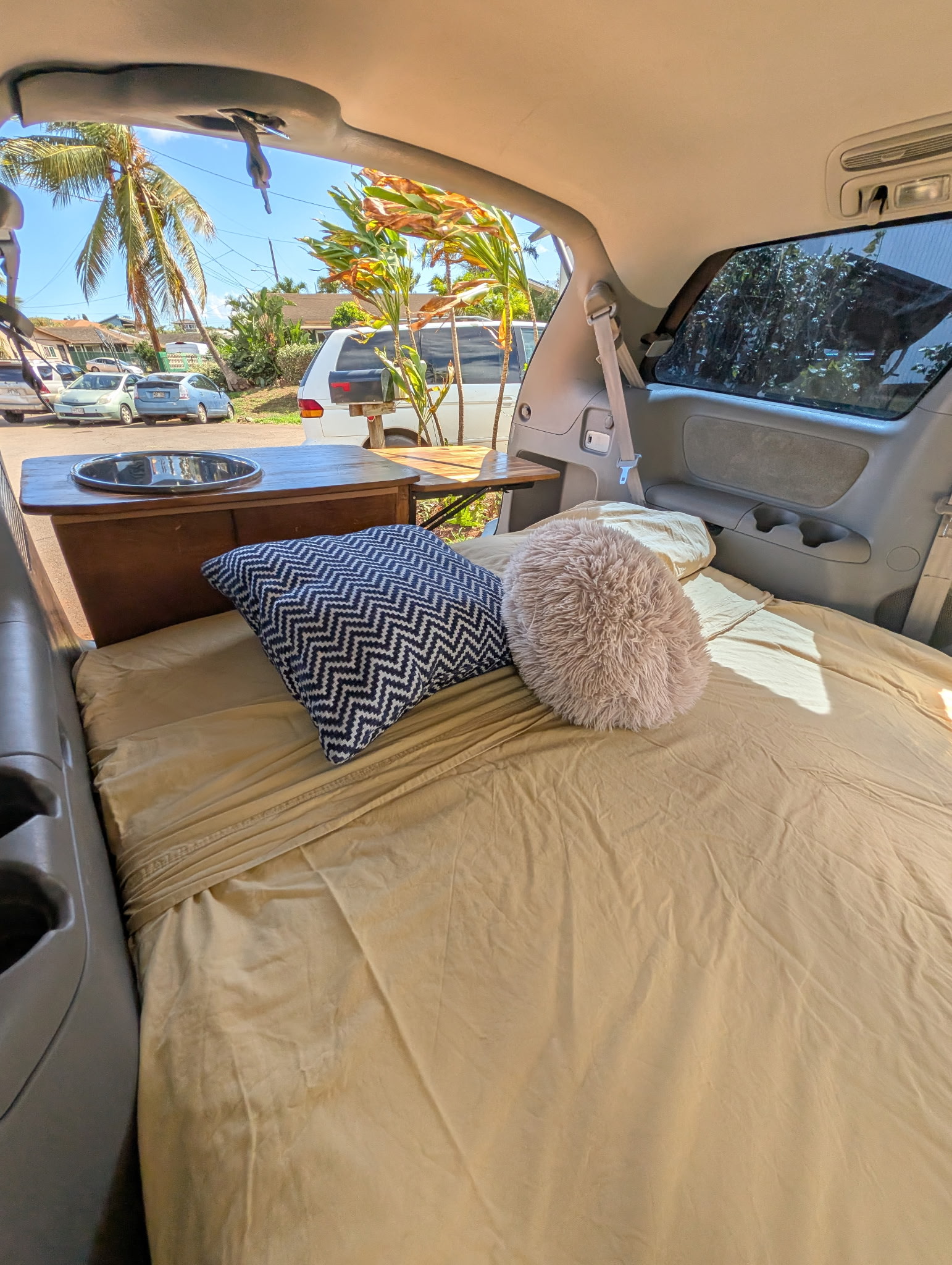 Minivan RV rental interior: a comfy bed with pillows, built-in sink, and table. Sunny tropical view outside for road trips.. Toyota Trailfinder 2008