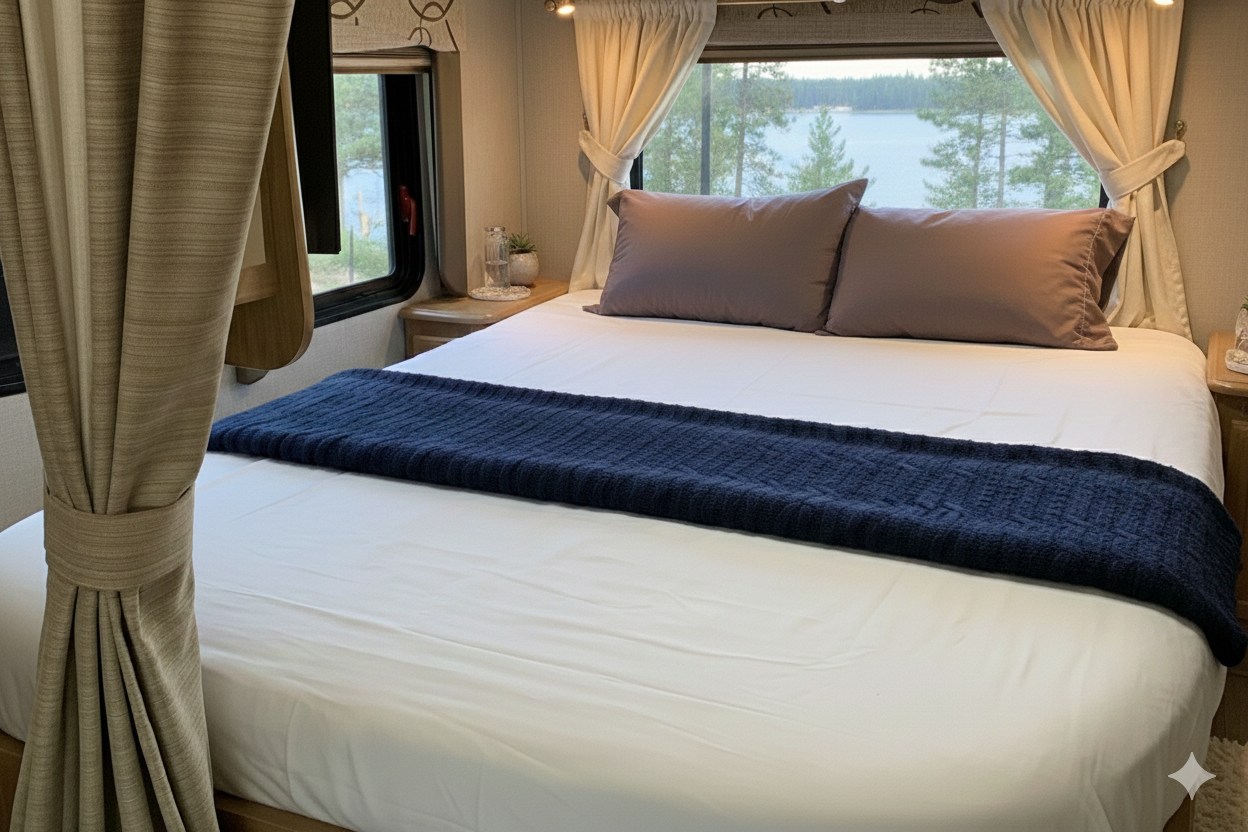 Enjoy a peaceful sleep in this cozy RV rental bedroom, featuring a comfortable bed with a blue blanket and scenic lake view.. FORD E350 2020