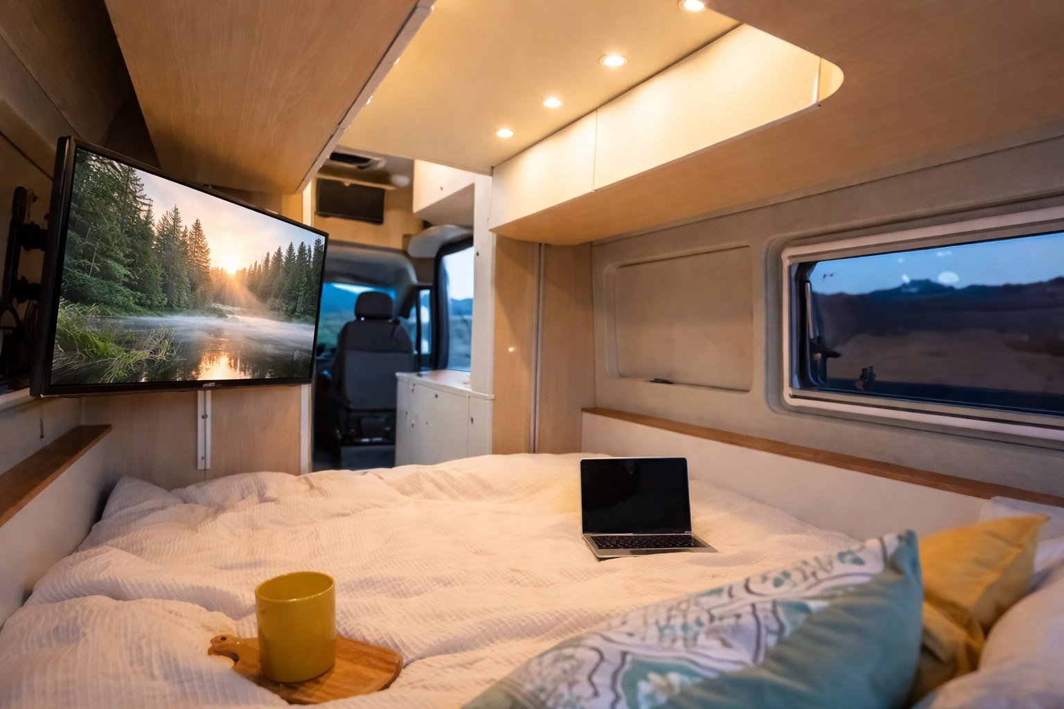 RV rental interior: cozy bed, TV displaying a forest sunrise, laptop, and a window showcasing a scenic mountain view.. Noovo Plus LB 2026