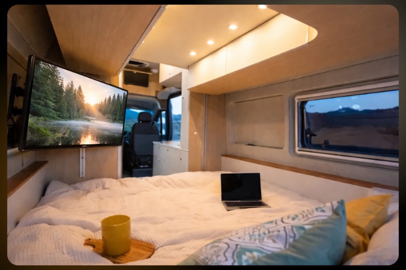 Cozy RV rental interior: large bed, TV showing forest and lake, and a laptop. Perfect for comfortable, mobile adventures.. Noovo Plus 2026