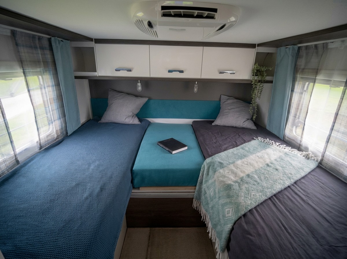 RV rental bedroom interior features two beds with cozy bedding, overhead cabinets, and an AC unit, ideal for camping comfort.. Dethleffs Trend ST 2018