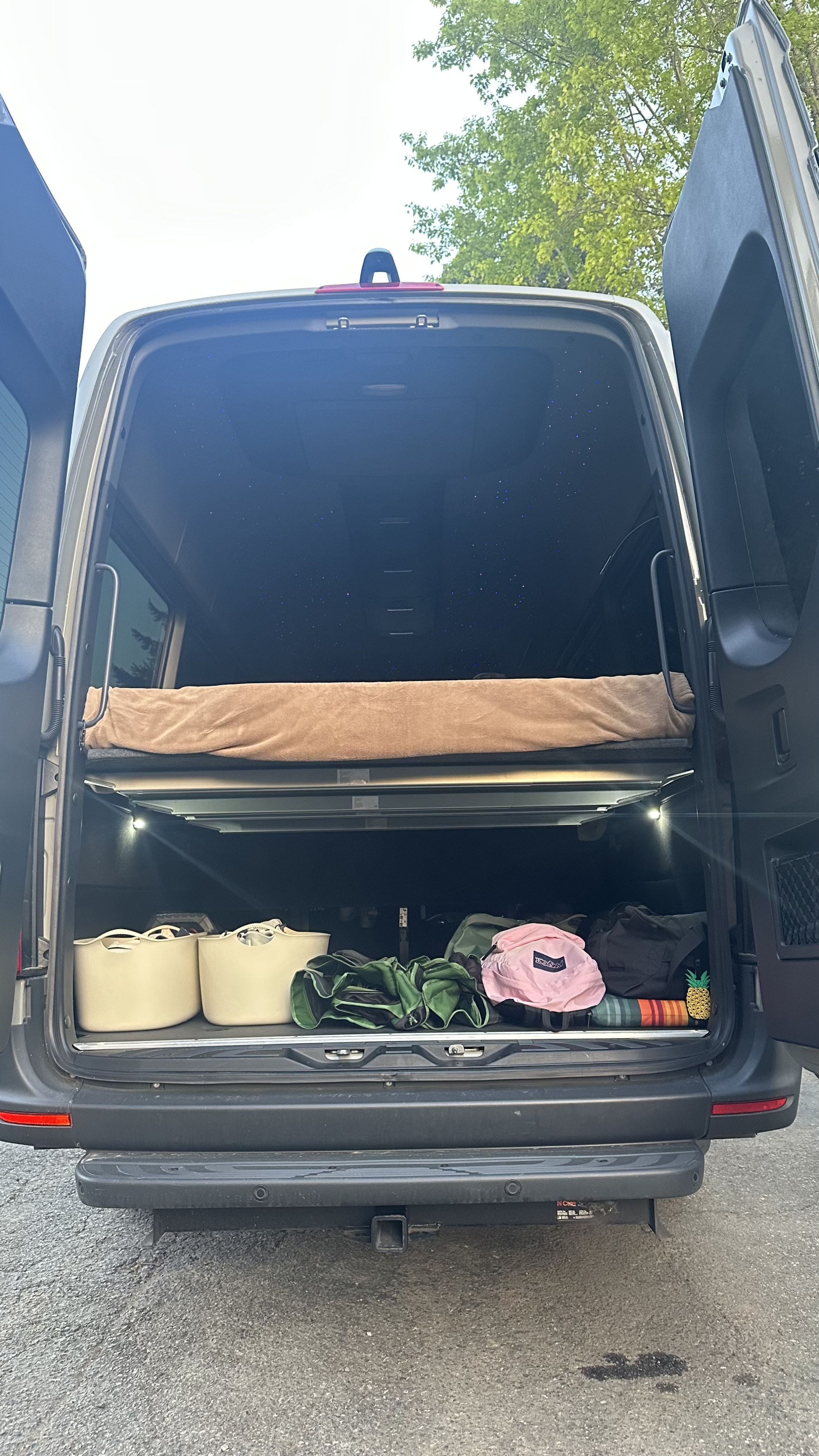 RV rental camper van's open rear reveals a raised bed, starlight headliner, and organized storage space below.. Mercedes-Benz Sprinter 2016