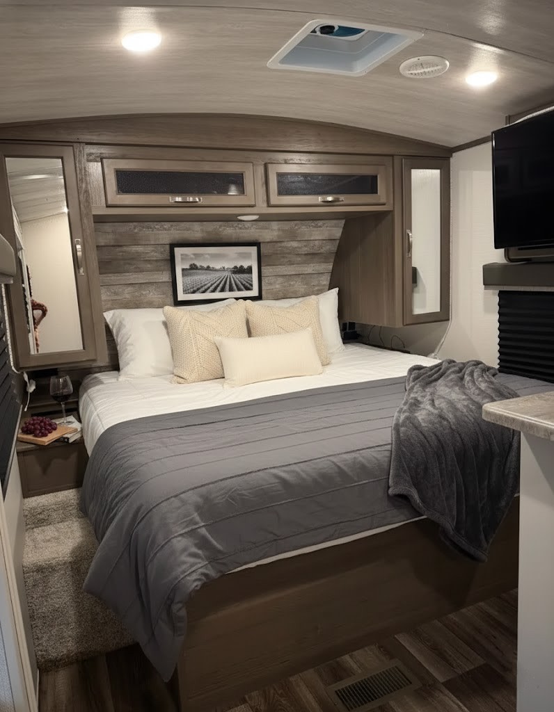 Cozy and modern rv rental bedroom featuring a queen bed, stylish decor, and overhead storage, perfect for comfortable travel.. Keystone RV Cougar 2021