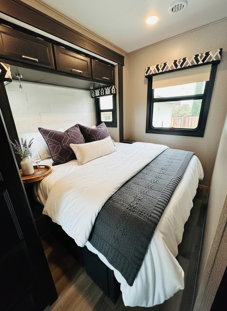 Cozy RV rental bedroom with white linens, purple pillows, gray throw, overhead cabinets, and windows for natural light.. Jayco Alante 2021