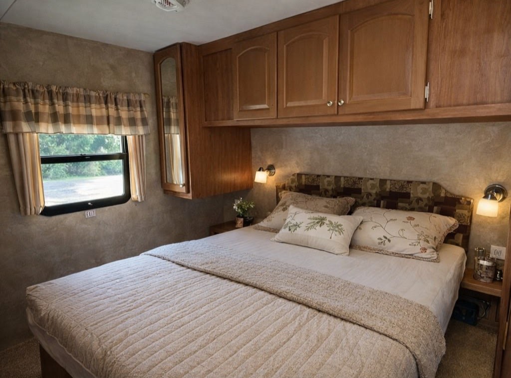 Experience comfort in this cozy RV rental bedroom, featuring a bed, window, overhead cabinets, & bedside lamps.. Forest River Wildcat Extralite 2011