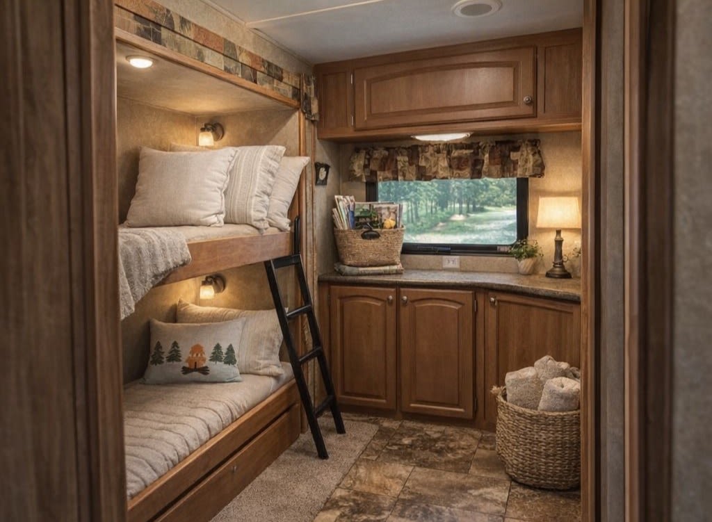 Cozy RV rental interior with bunk beds, a compact kitchen counter, and a scenic window view. Perfect for family adventures!. Forest River Wildcat Extralite 2011
