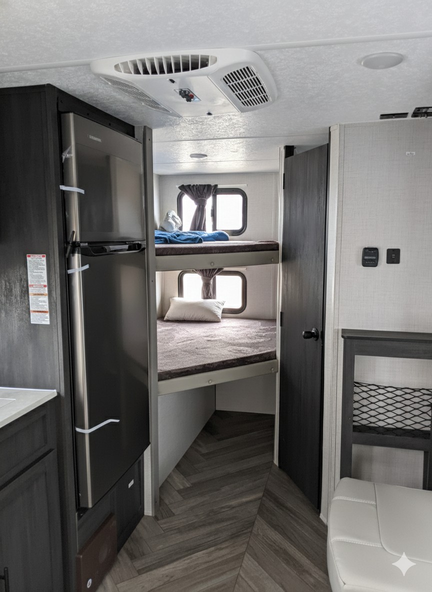 RV rental interior featuring bunk beds, a stainless steel refrigerator, and an overhead AC unit for comfortable travel.. Forest River OZARK 1680BSKX 2021