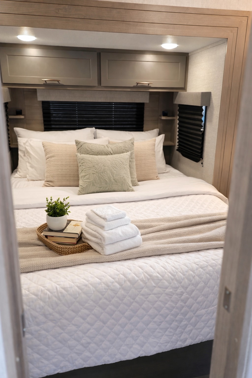 Comfortable RV rental bedroom with a neatly made bed, white linens, layered pillows, and a tray with books and towels.. Grand Design Momentum 2023
