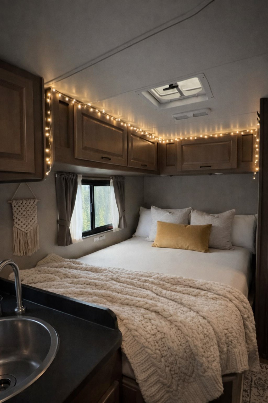 Cozy RV rental bedroom with a plush bed, knit blanket, ambient string lights, and a convenient sink.. Ford Thor Majestic 2018