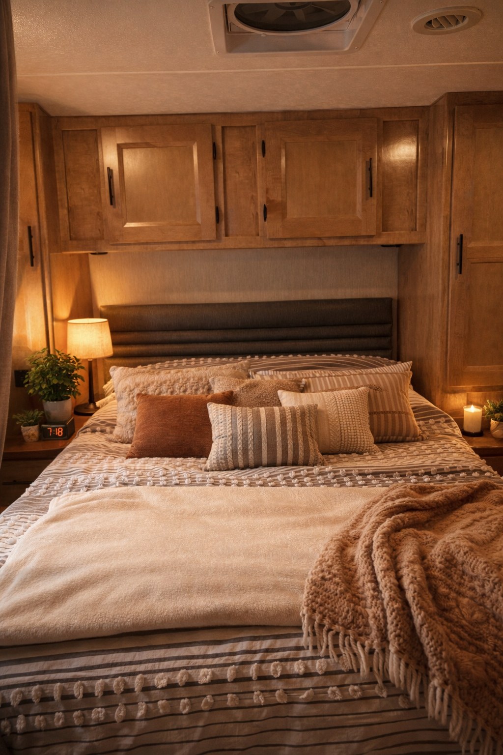 RV rental bedroom: a comfortable bed with layered textiles, warm lighting, bedside clock and plant, and compact overhead storage.. Leprechaun 319 MB Ford 2021