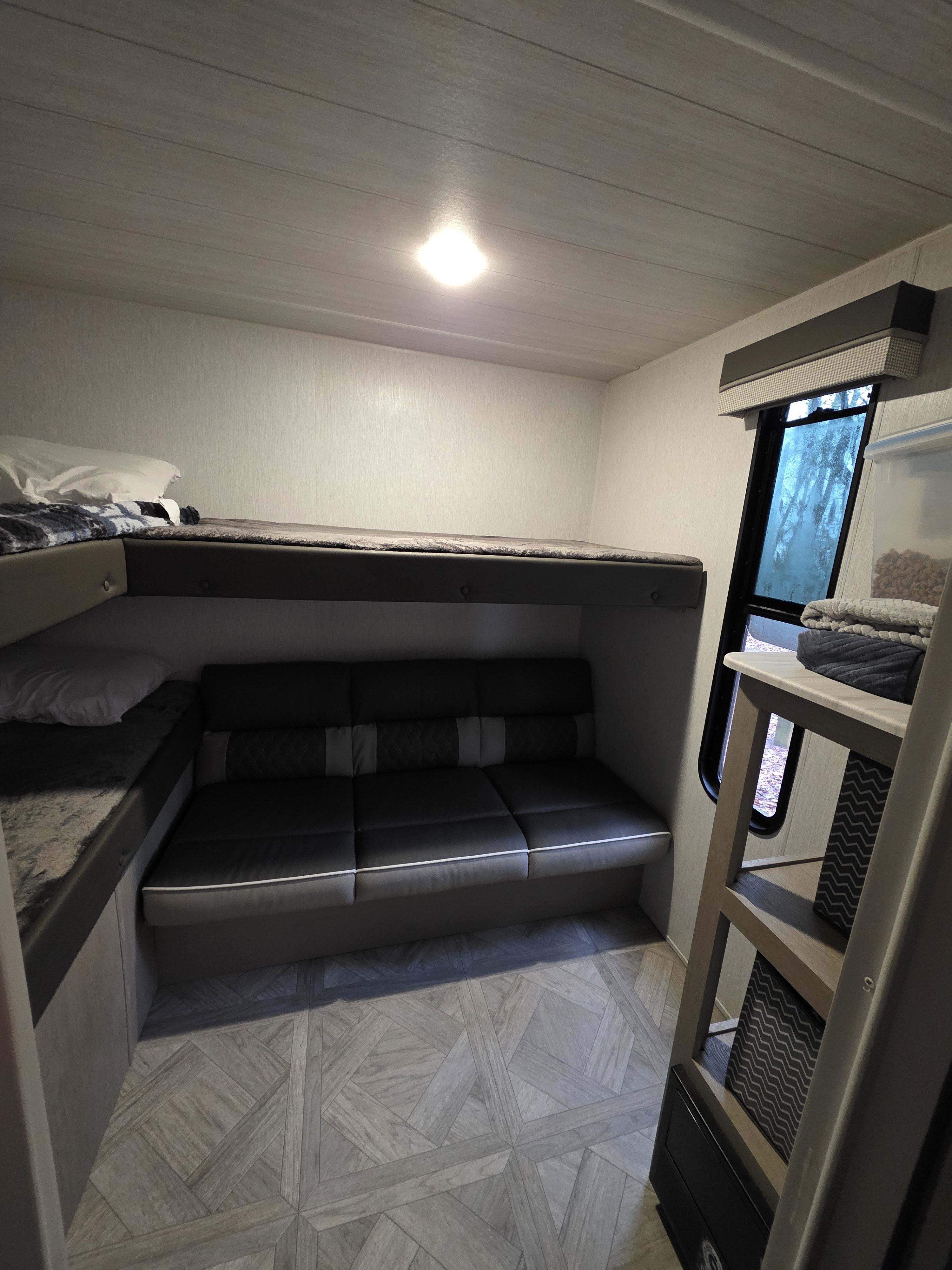 Inside this modern rv rental, a lower sofa converts to a bed, below an upper bunk. A window, ladder, & light complete the cozy space.. Forest River Salem 2024