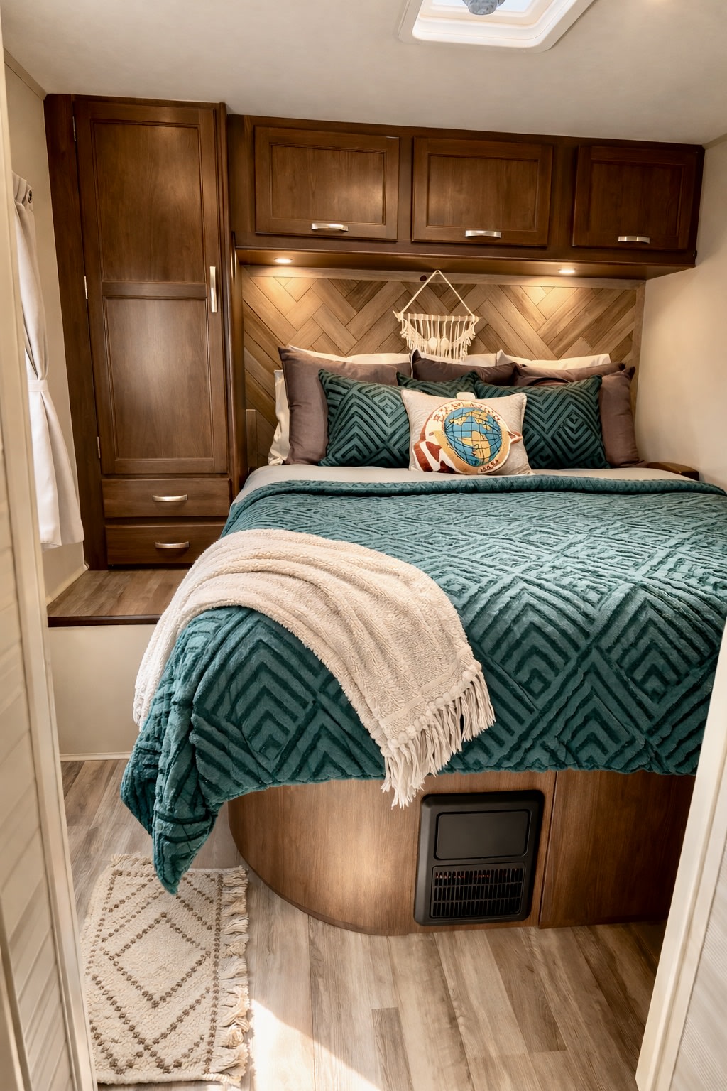 Cozy RV rental bedroom featuring a comfy bed with teal bedding, wood paneling, and built-in storage for compact travel.. Jayco Redhawk 2020