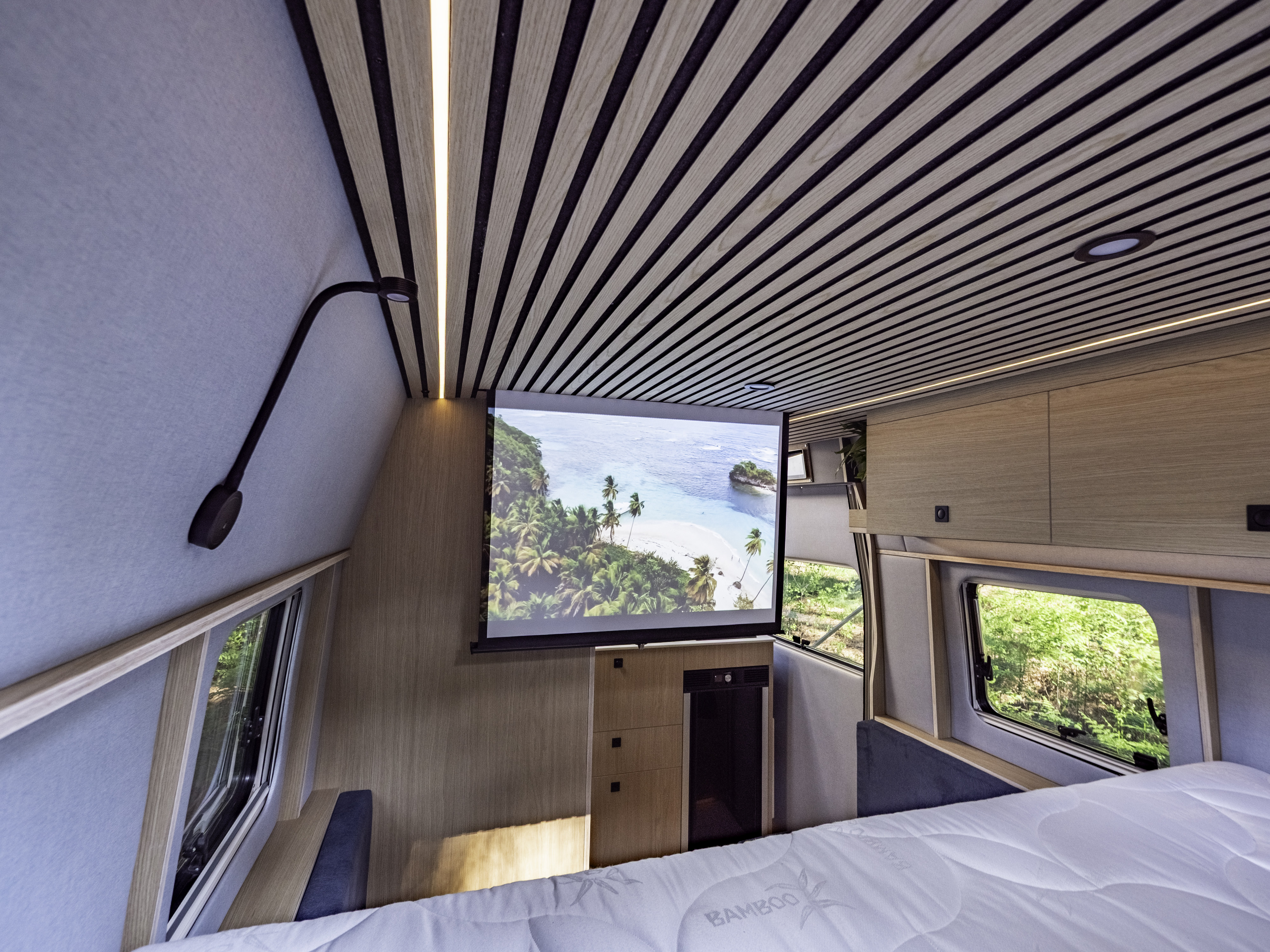 Comfortable RV rental interior features a bed, large projector screen with a beach view, mini-fridge, and modern wood ceiling.. Fiat Ducato 2025