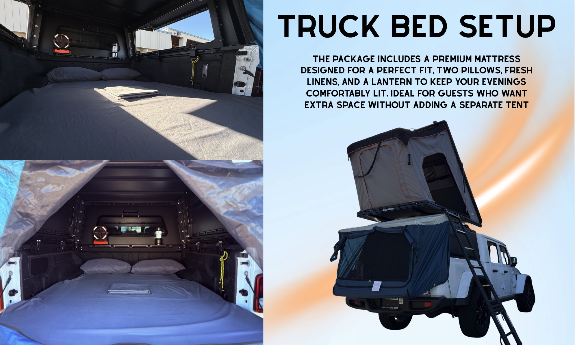 RV rental offers a cozy truck bed camping setup with mattress & pillows, plus an overhead rooftop tent for outdoor adventures.. Jeep Gladiator 2022