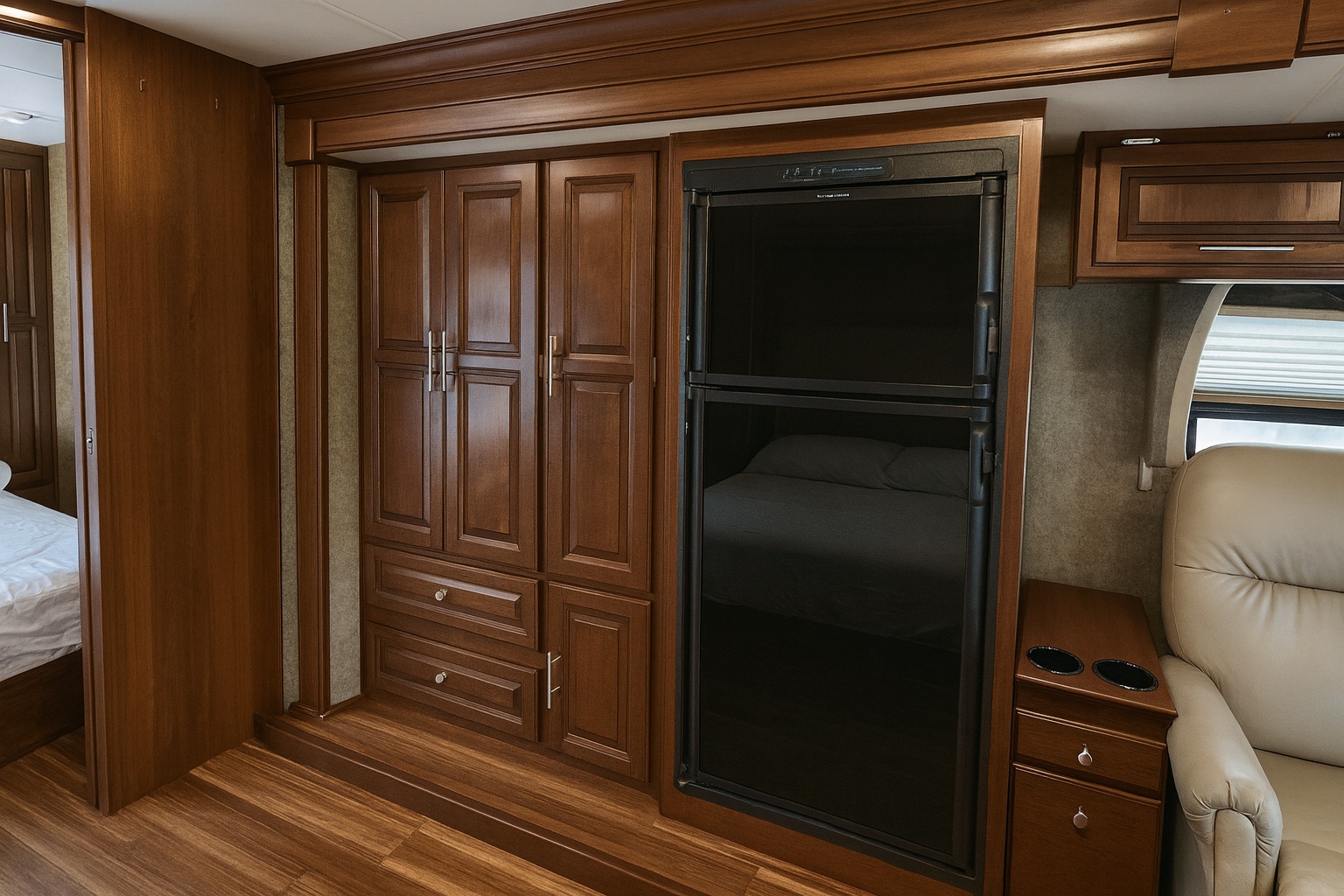 This RV rental interior features a compact space with a bedroom entrance, wooden cabinets, a refrigerator, and a beige recliner.. Georgetown Georgetown Motorhome 2014