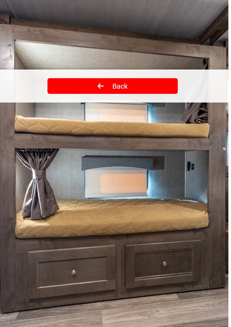 RV rental: Comfortable bunk beds with yellow mattresses, storage drawers, lights, and privacy curtains.. Nexus RV Ghost 2021