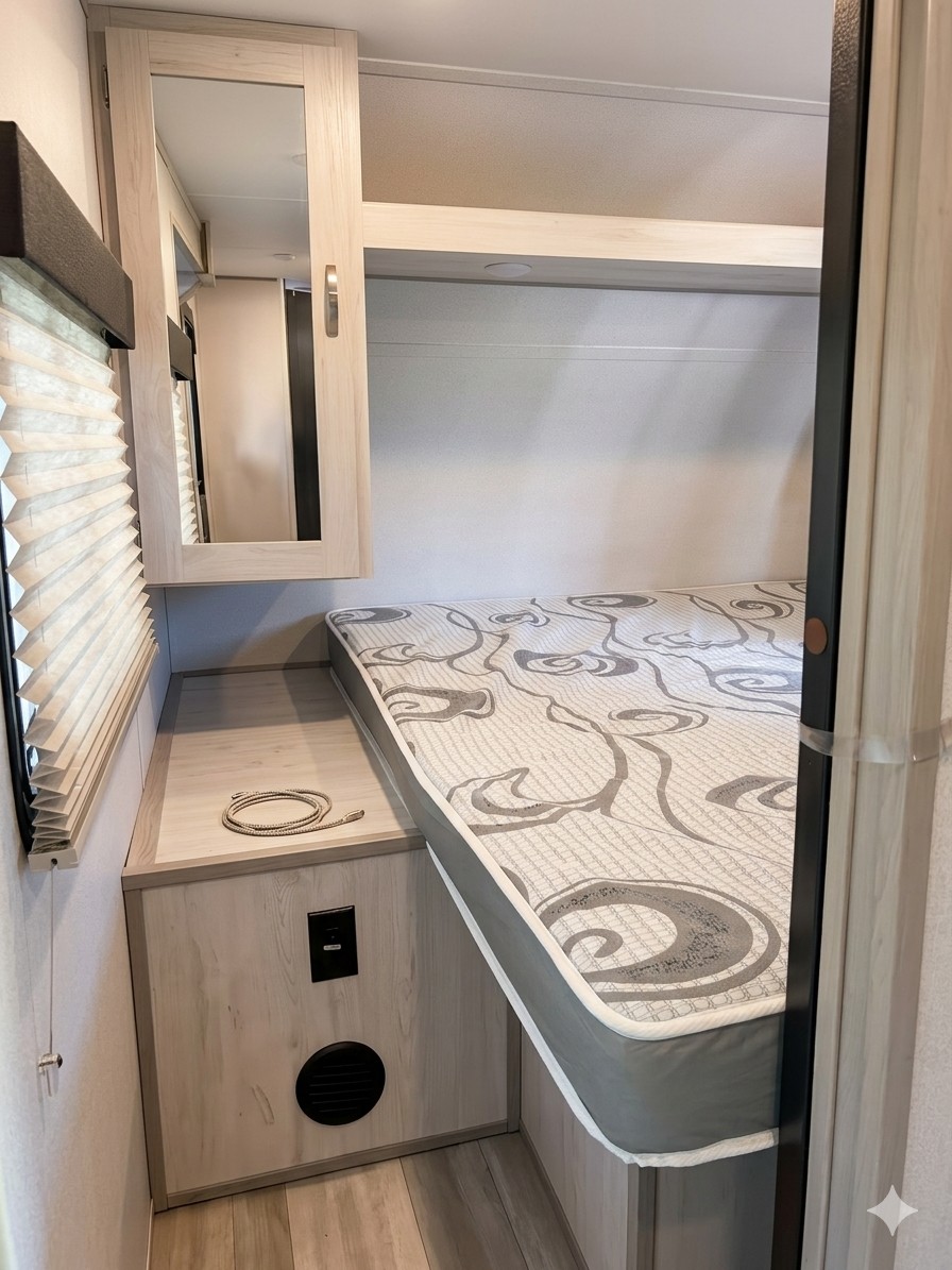 Compact RV rental bedroom featuring a patterned mattress, mirrored cabinet, and bedside storage with power outlet.. Forest River Tracer LE 2021