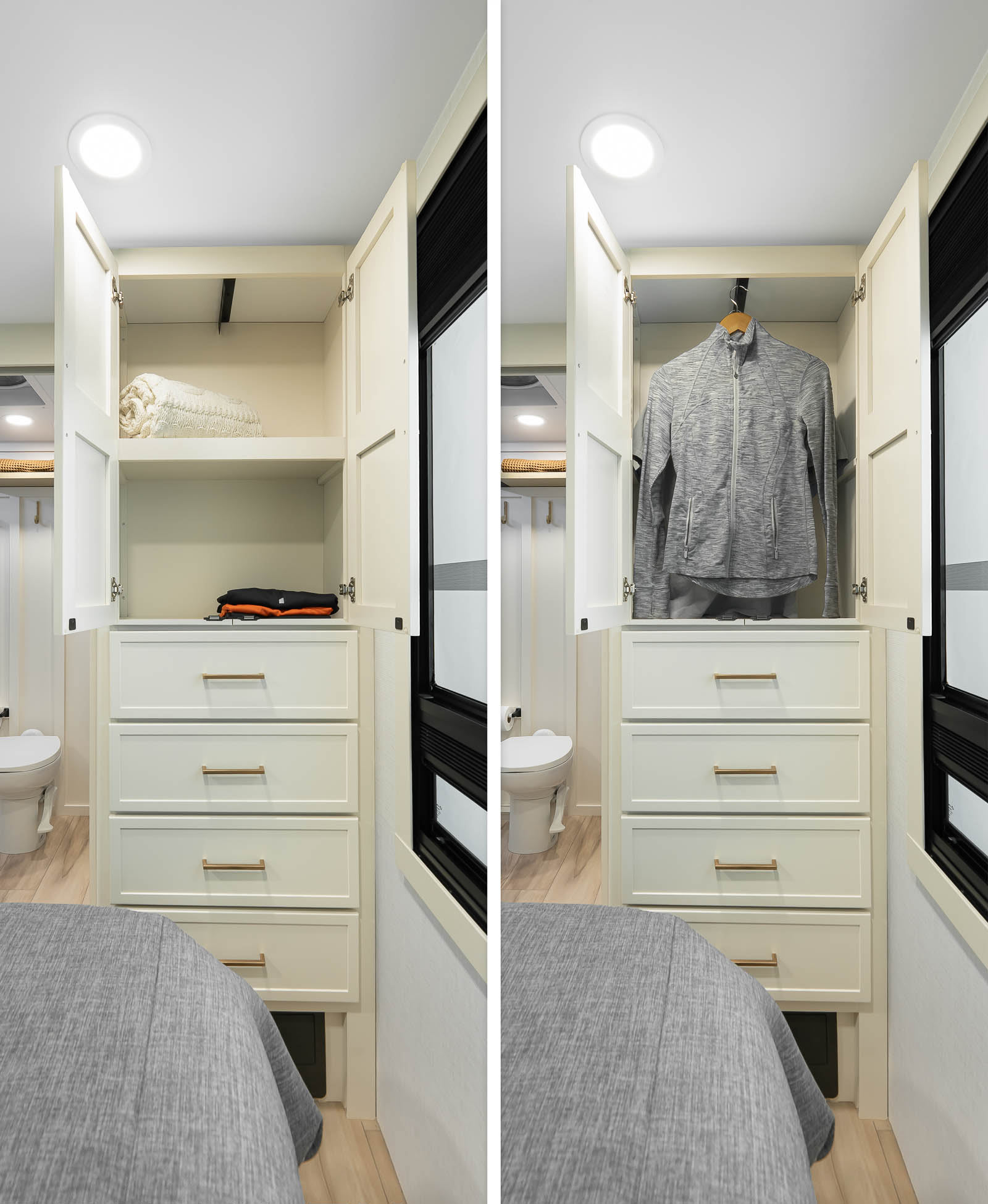 This RV rental bedroom features versatile storage: a closet convertible from shelves to hanging, plus dresser drawers.. Brinkley RV Model I 2026