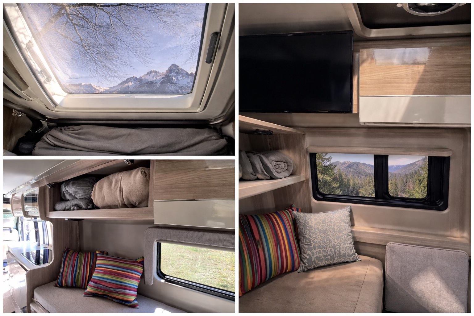 Scenic RV rental interior: skylight with mountain views, cozy seating, and a comfortable sleeping area with windows.. Thor Motor Coach Sequence 2022