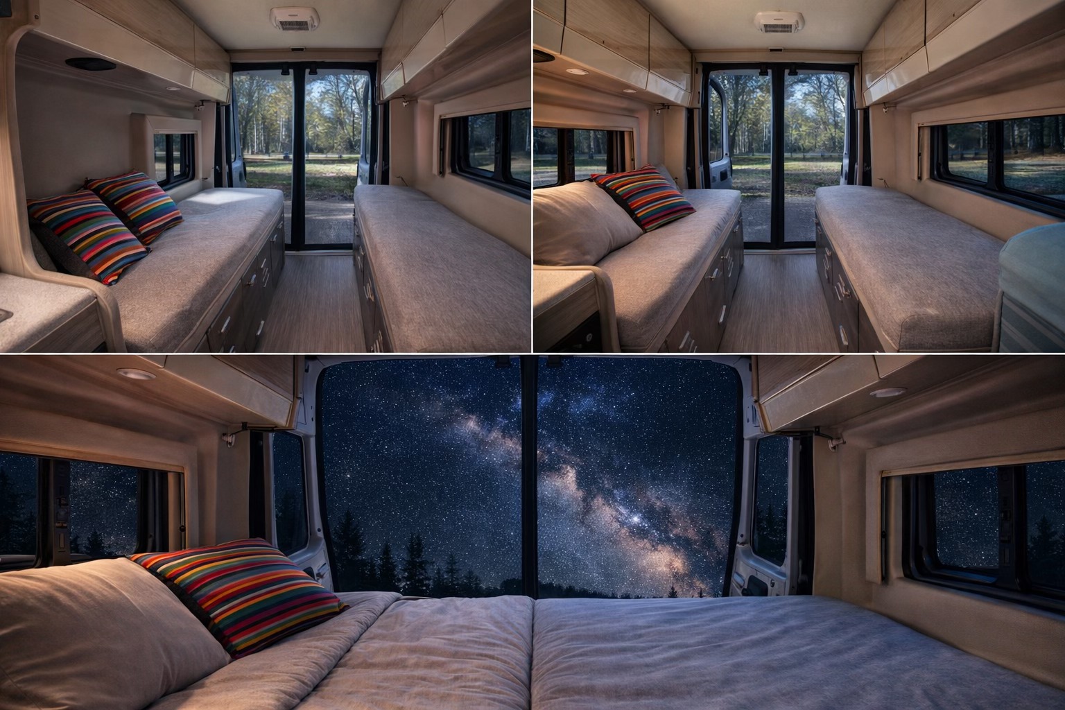 An RV rental interior shows day seating with forest views & transforms into a cozy bed for amazing stargazing.. Thor Motor Coach Sequence 2022