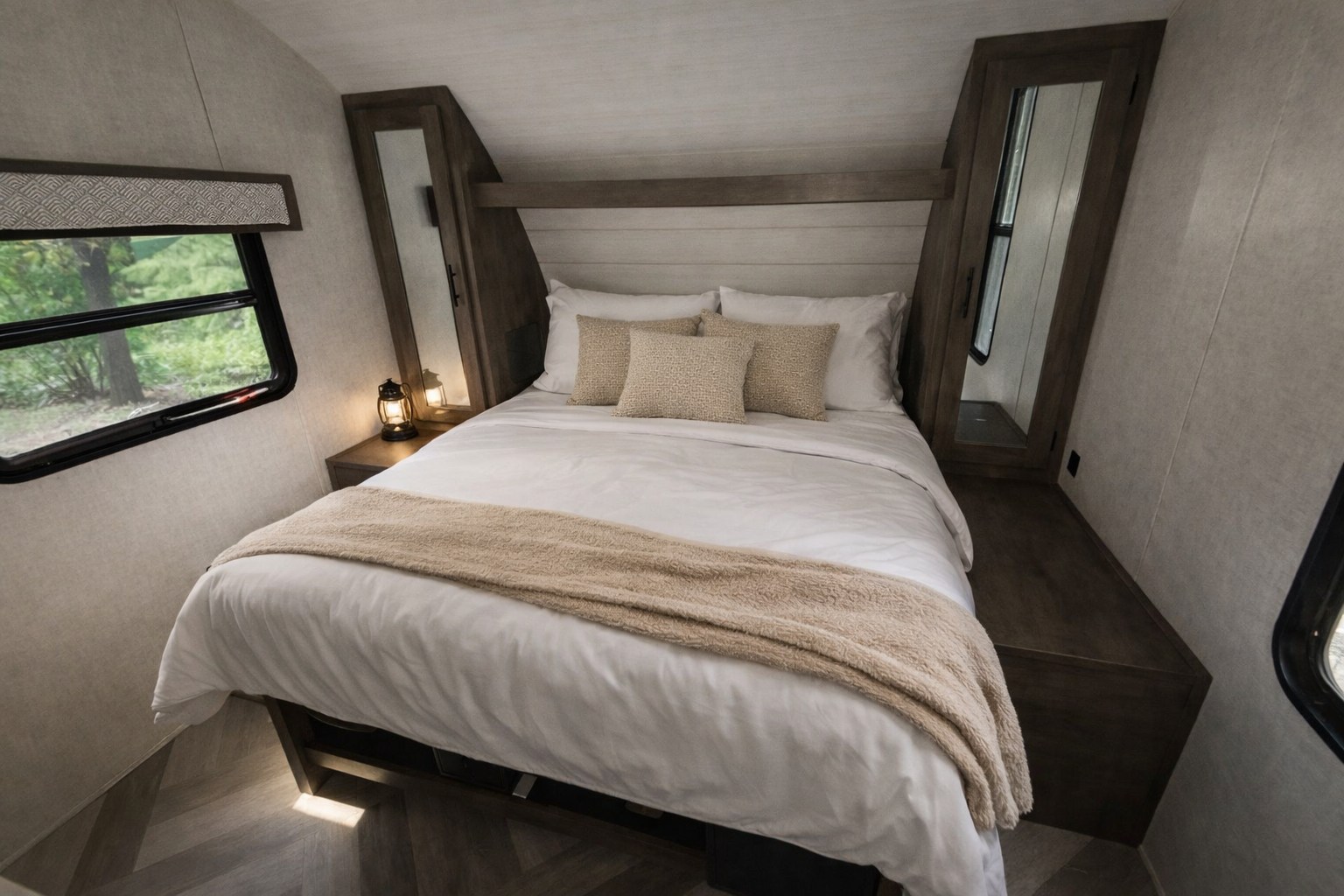 This comfy RV rental bedroom features a queen bed, warm lighting, and a scenic window view, ideal for a peaceful retreat.. Forest River Salem Cruise Lite 2020