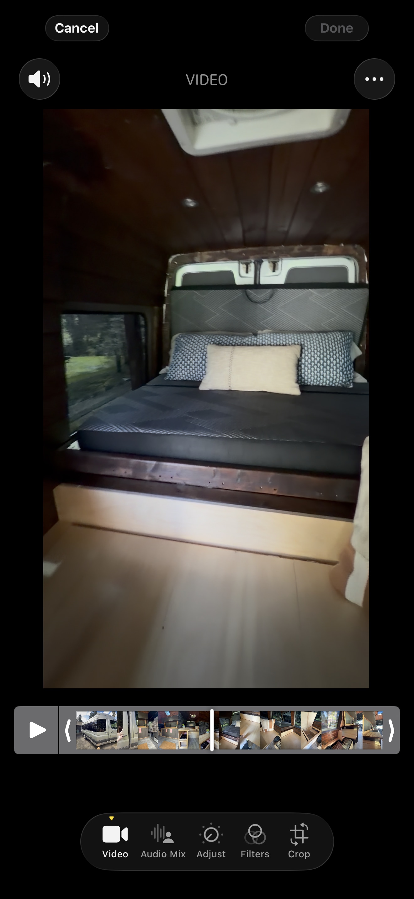Previewing an RV rental video: Cozy camper van bed setup with wooden interior & nature view. Video editing tools visible.. Mercedes Sprinter 2008