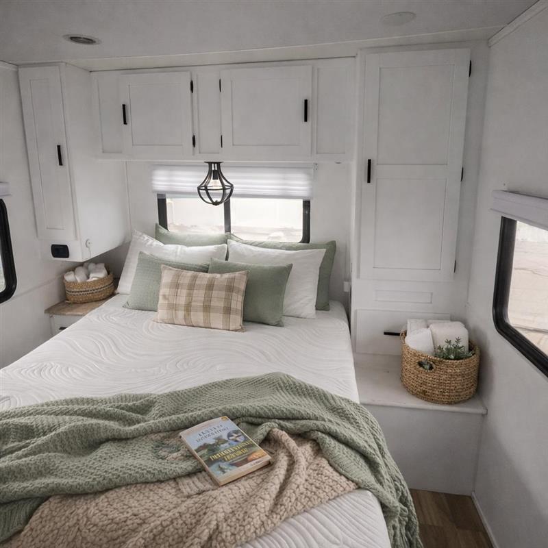 Experience a serene RV rental bedroom: crisp white cabinets, plush bed with sage & plaid pillows, and cozy blankets await.. Forest River Coachmen Freelander 2017