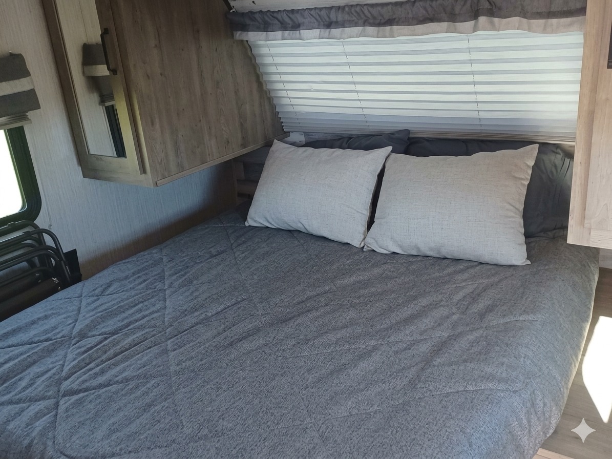Inside this RV rental, find a comfortable bedroom with a gray bed, light pillows, and window blinds. Wood cabinets add storage.. Forest River Palomino Puma XLE Lite 2021