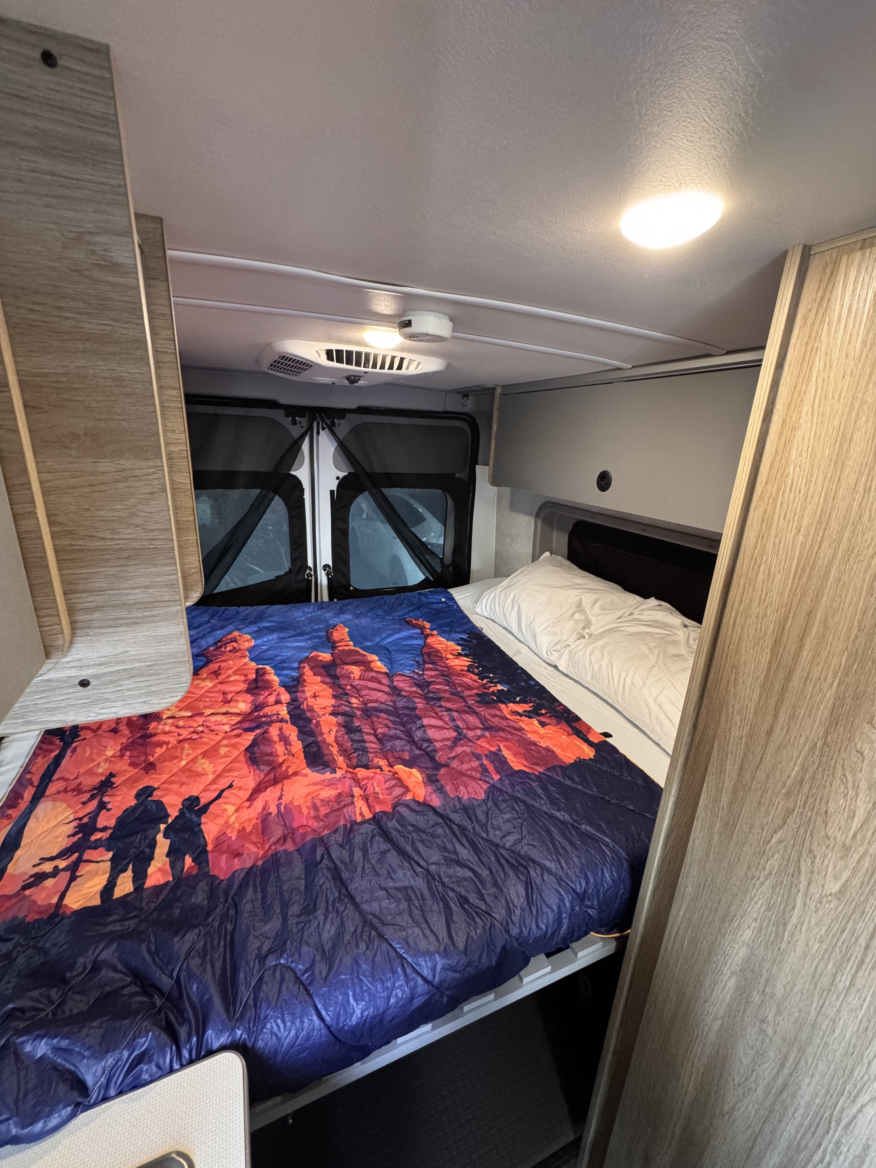 This cozy RV rental features a comfortable bedroom with a vibrant scenic blanket and overhead lighting for your travels.. Winnebago Solis 2025