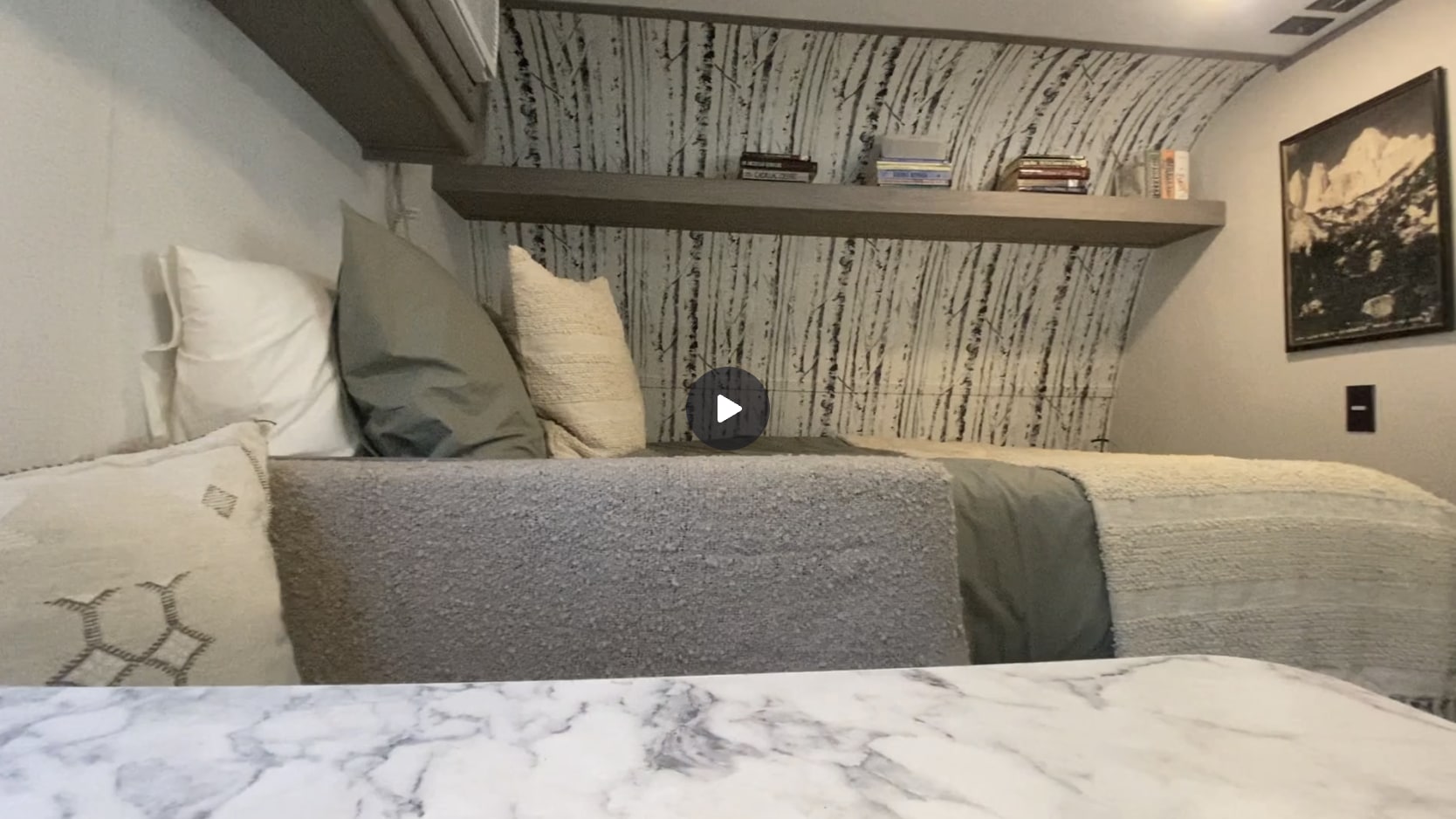 Inside a comfy RV rental bedroom: soft bed with pillows, a shelf of books, and striking birch tree patterned walls.. Coleman 17B 2024