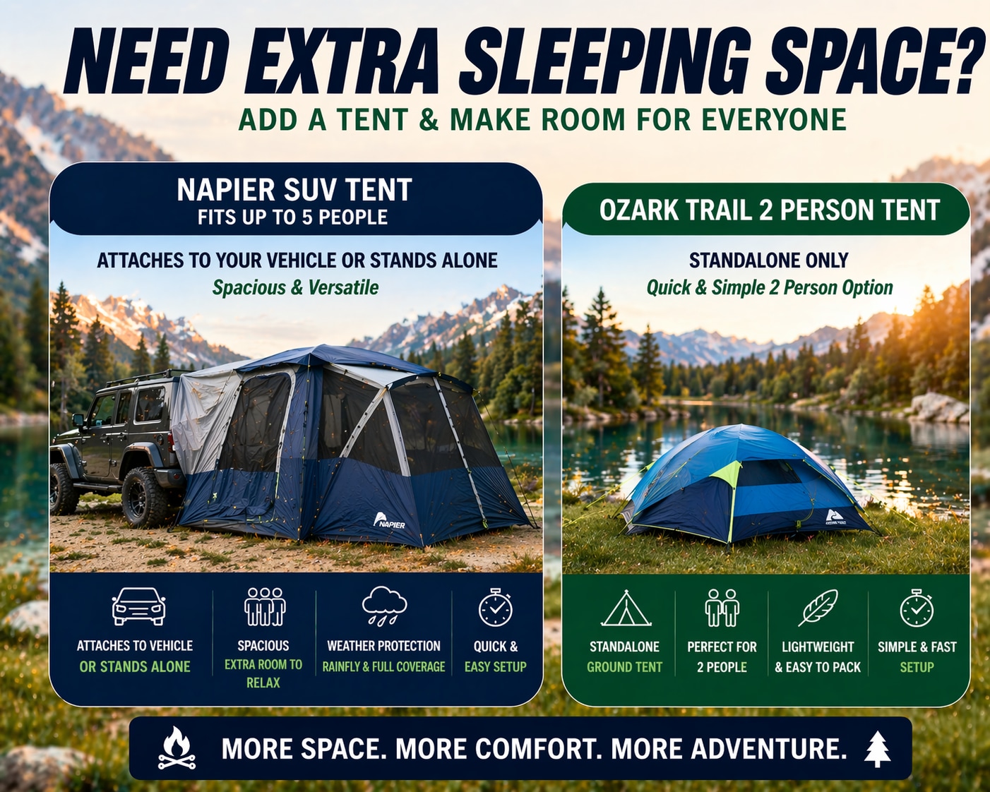 Need extra sleeping space? This image compares a large SUV tent (perfect for an RV rental overflow) with a compact 2-person tent for camping.. Ford Bronco 2022