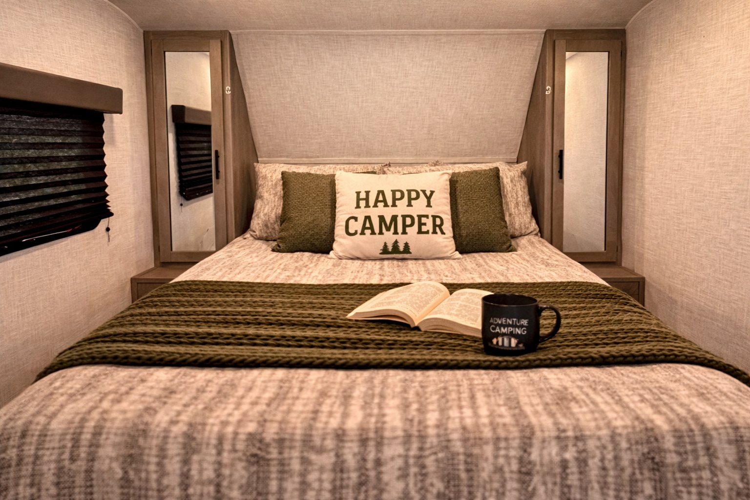 Cozy RV rental bedroom with a "Happy Camper" pillow, book, and mug, perfect for relaxing after adventures.. Dutchmen Coleman 2022
