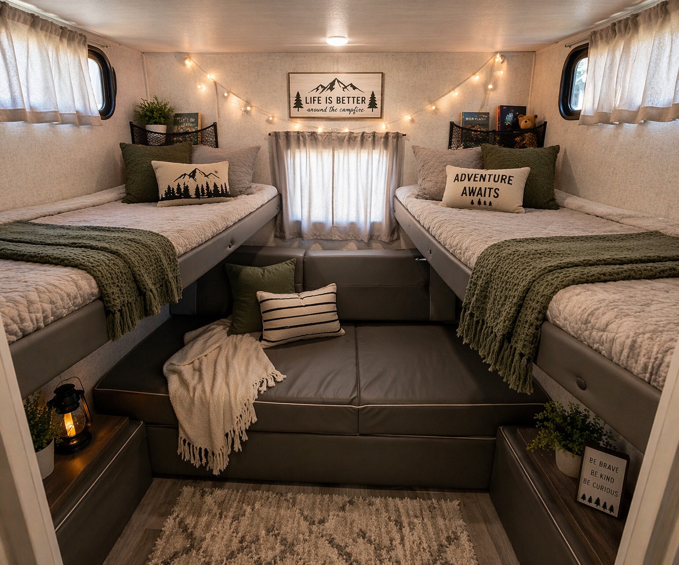 This cozy RV rental features bunk beds, a central lounge area, and adventure-themed decor, perfect for travel.. Forest River Wildwood X-Lite 2021
