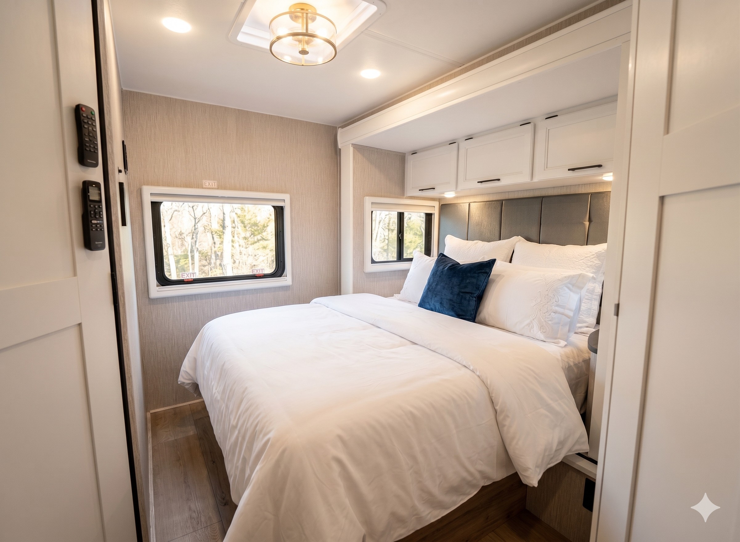 RV rental master bedroom features a plush bed with white linens, padded headboard, ample storage, and bright windows.. Coachmen Prism 2024