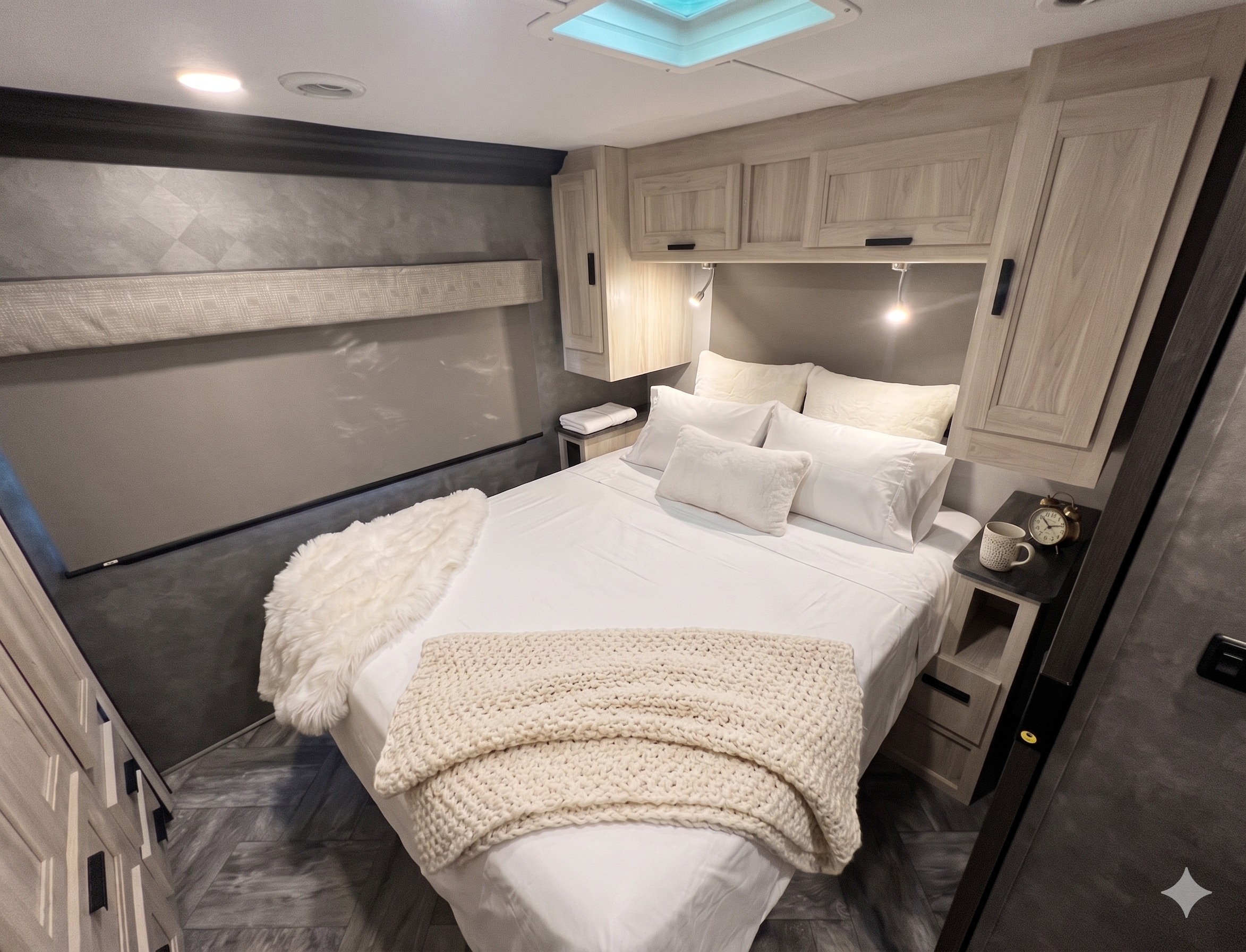 Cozy and modern RV rental bedroom featuring a neatly made bed, light wood cabinetry, and warm lighting for a comfortable stay.. Forest River Sunseeker 2022