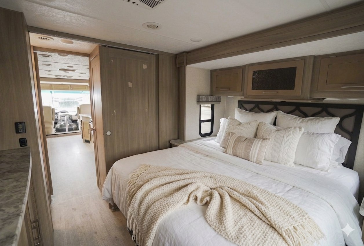 Spacious RV rental bedroom with modern decor, white bedding, and a view into the cockpit area.. Coachmen Pursuit 2019