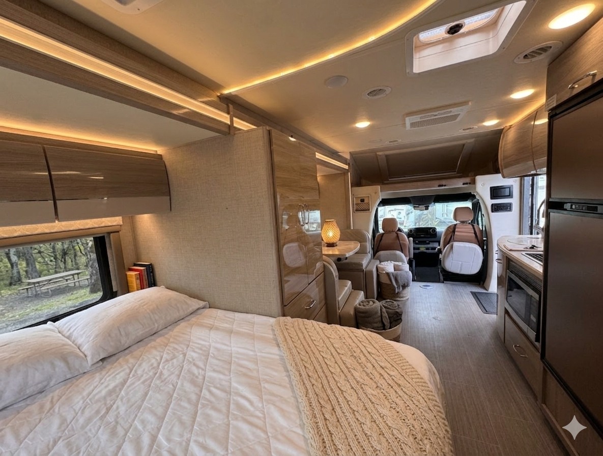 Modern rv rental interior: large bed, kitchen, and driver's cockpit, illuminated by warm lighting, offering home-like comfort.. Thor Motor Coach Delano 2022