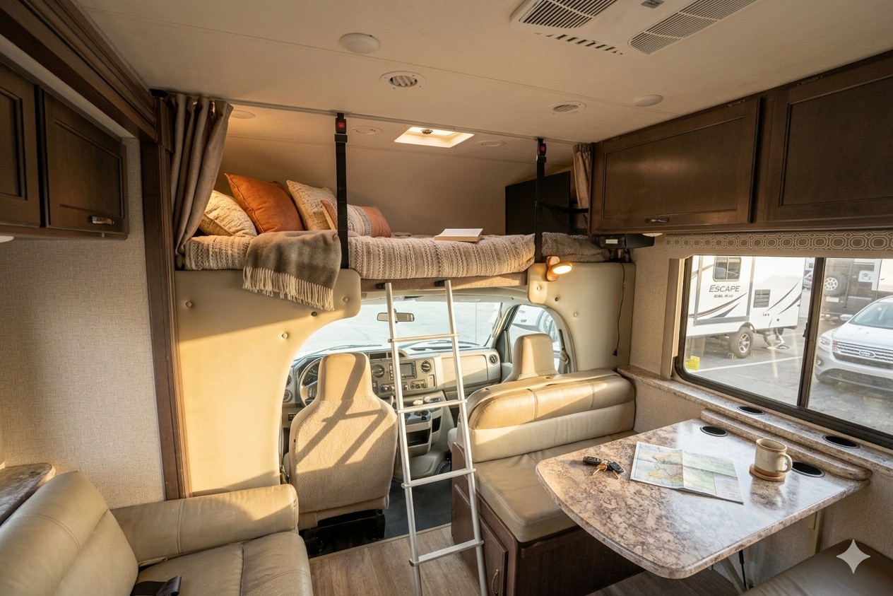 Cozy rv rental interior: overhead bed, ladder, dinette, and front cabin. Ideal for family road trip adventures.. Thor Motor Coach 30d 2020