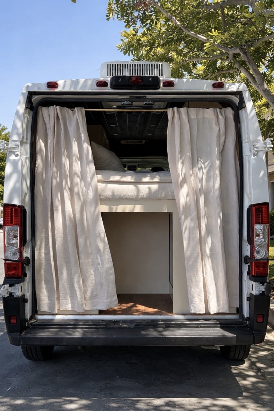 Explore this modern **rv rental**'s rear view, featuring a cozy bed, open storage, and linen curtains for **van life**.. Dodge Promaster 2500 2021